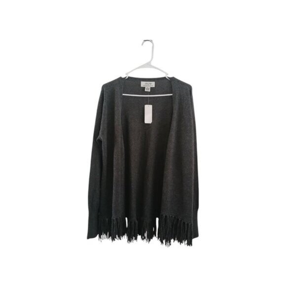PLY Cashmere Fringe Cardigan XL Sweater Open Front Gray Minimalist Boho Luxe New - Picture 1 of 5